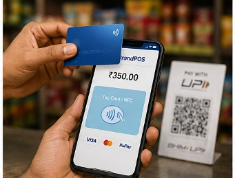 BrandPOS SoftPOS running on small vendor smartphone showing billing and sales summary